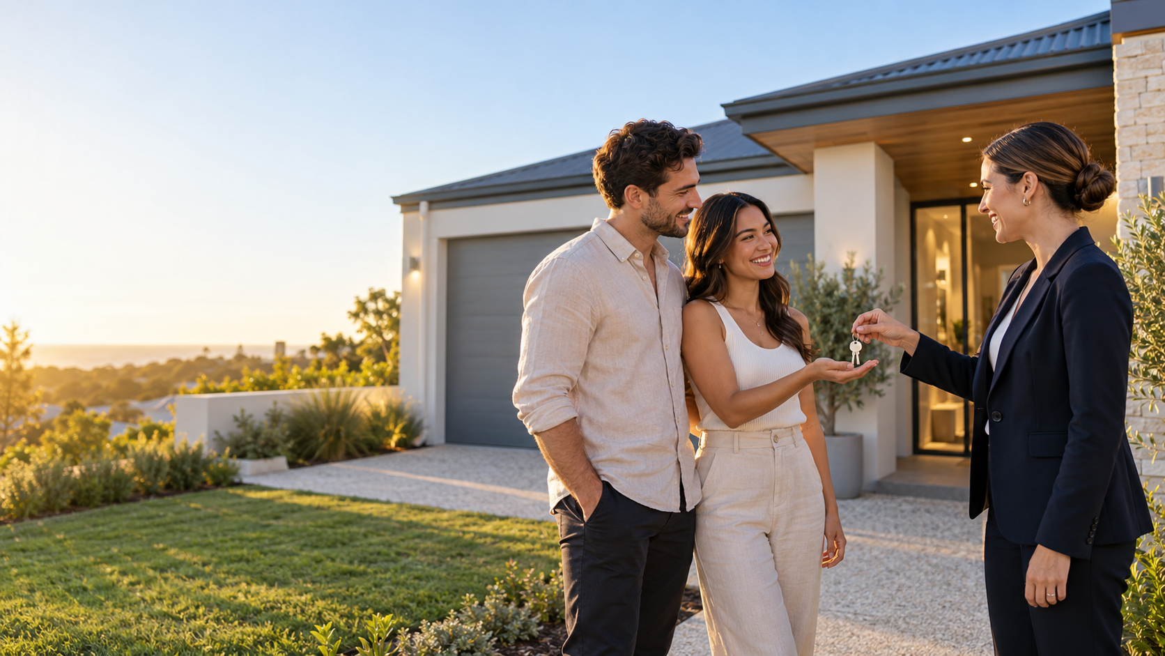 A home consultant handing keys to a young couple outside their new home